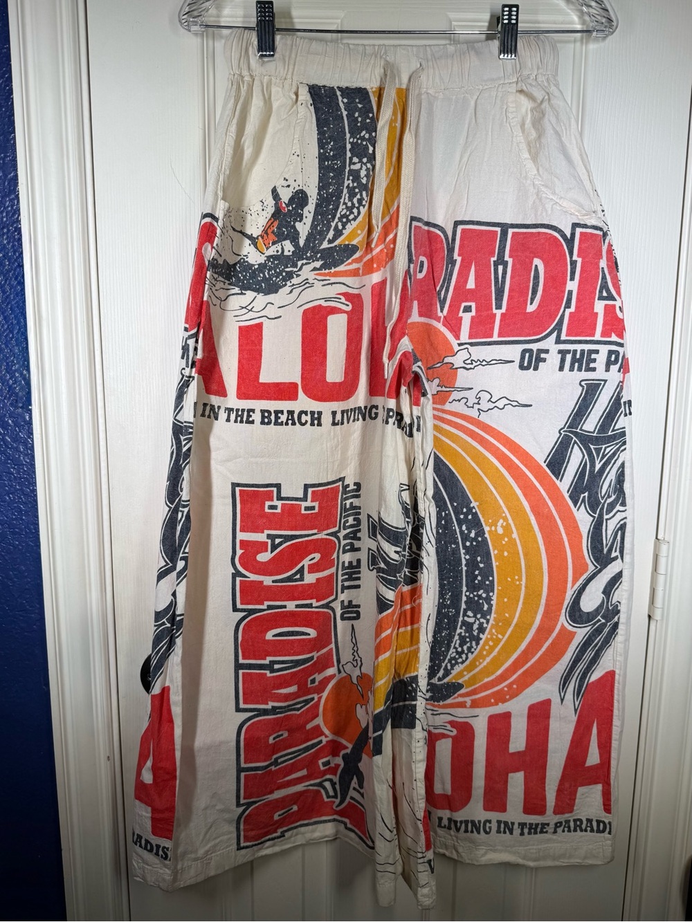 Aloha Paradise Wide Leg Crop Pants Raw Cotton Flour Sack  Print Retro Boho Sz S
